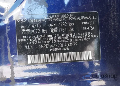 2013 Hyundai Elantra Gls z USA, uszkodzony, nr VIN 5NPDH4AE2DH400579